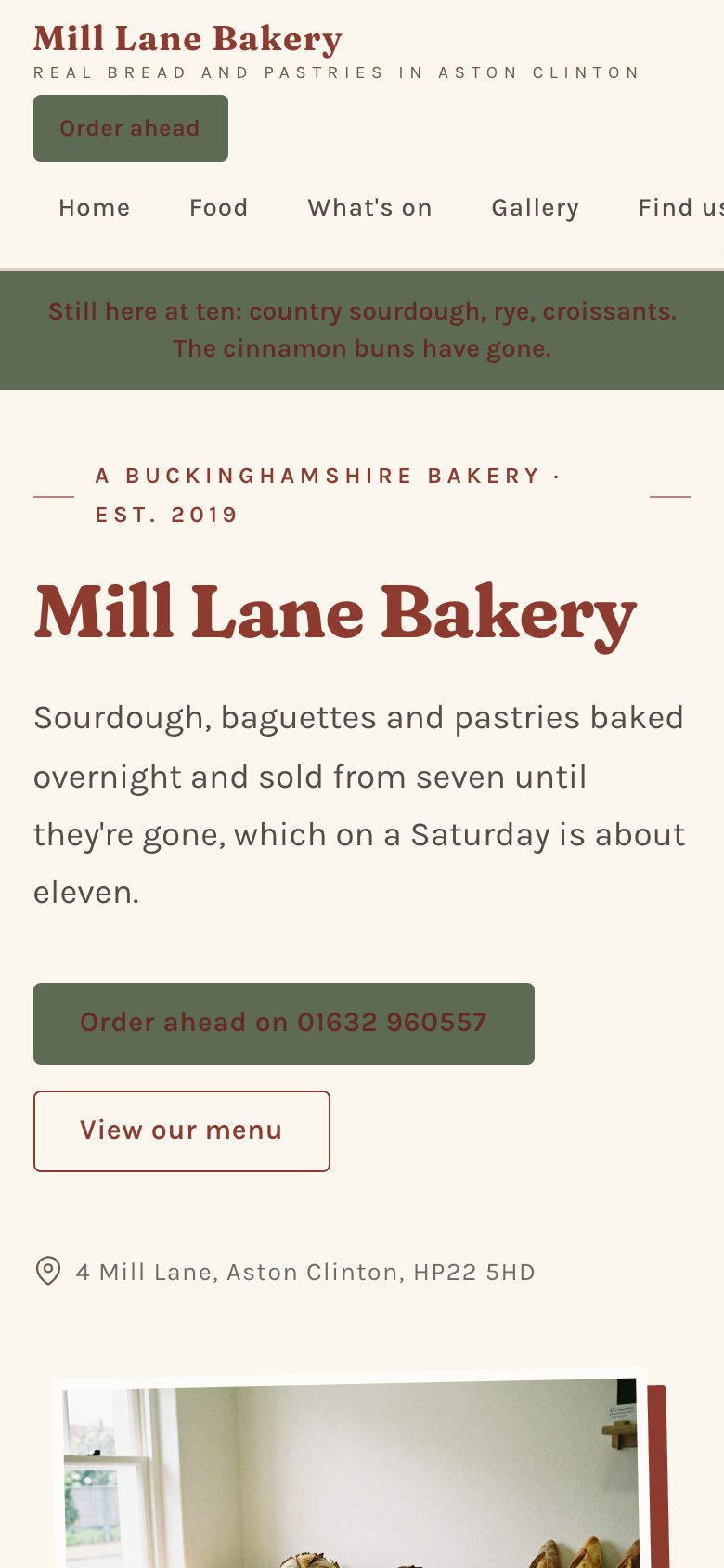 An example bakery website on a phone