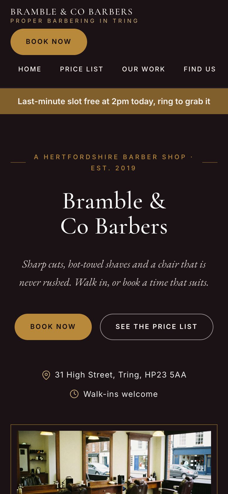 An example barber shop website on a phone
