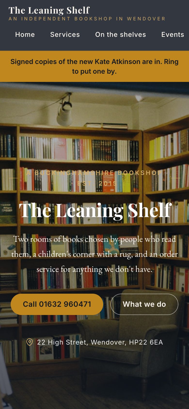 An example bookshop website on a phone