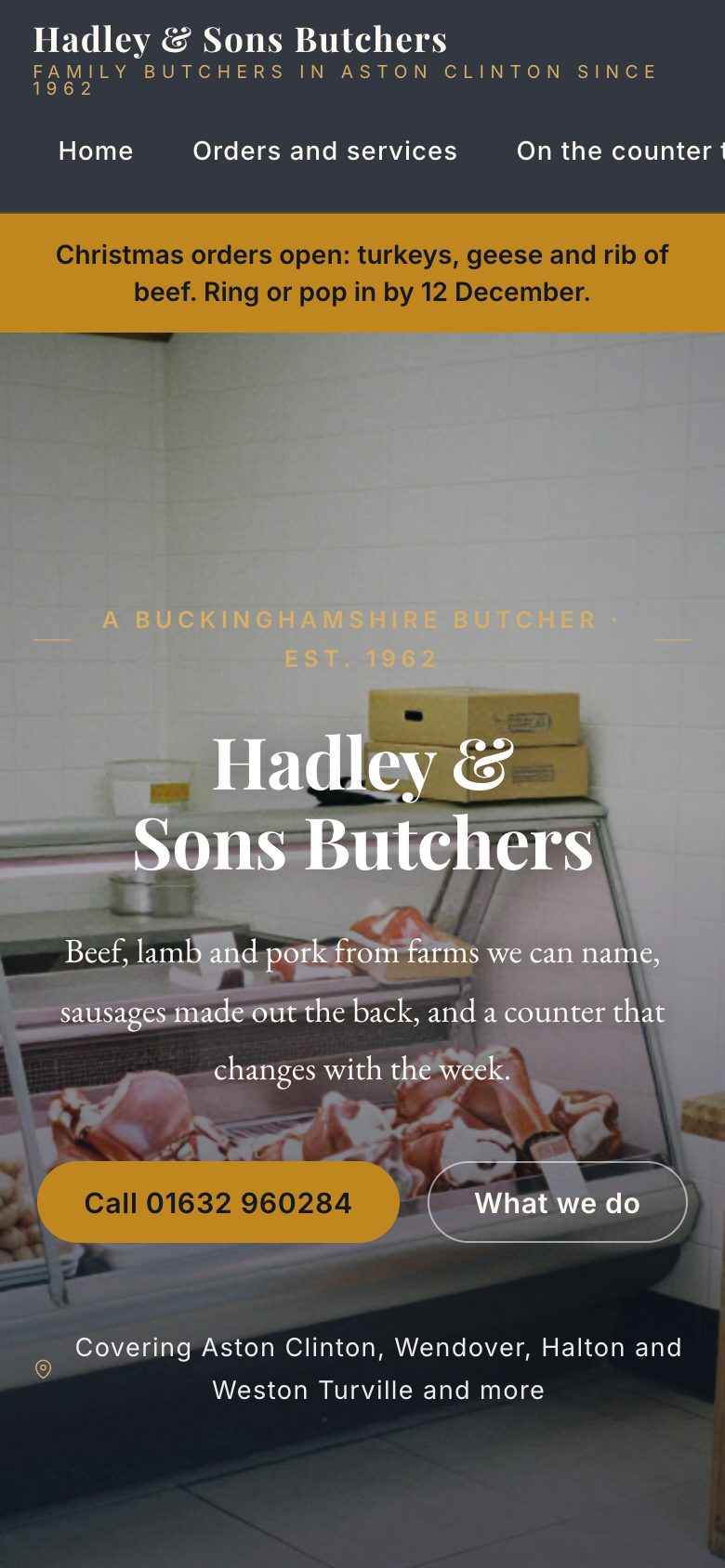An example butcher's website on a phone