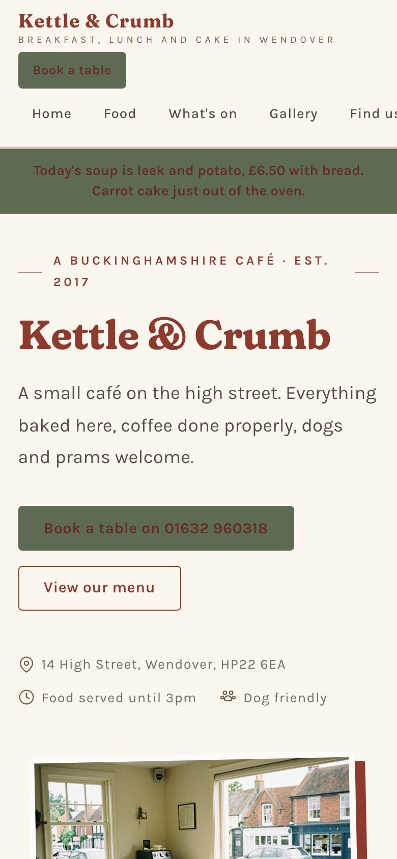 An example café website on a phone