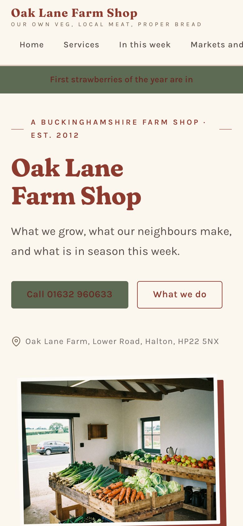 An example farm shop website on a phone