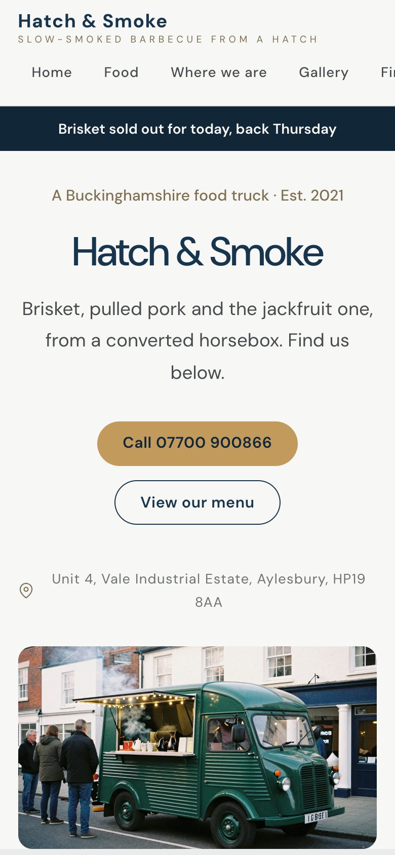An example food truck website on a phone