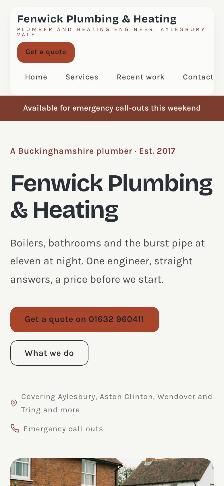 An example plumber's website on a phone