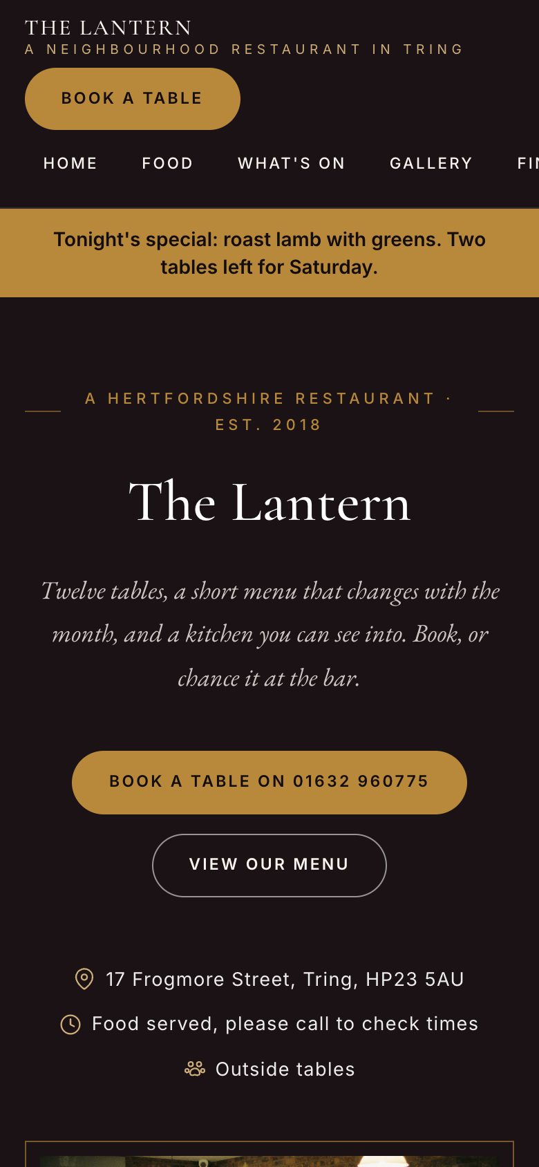 An example restaurant website on a phone