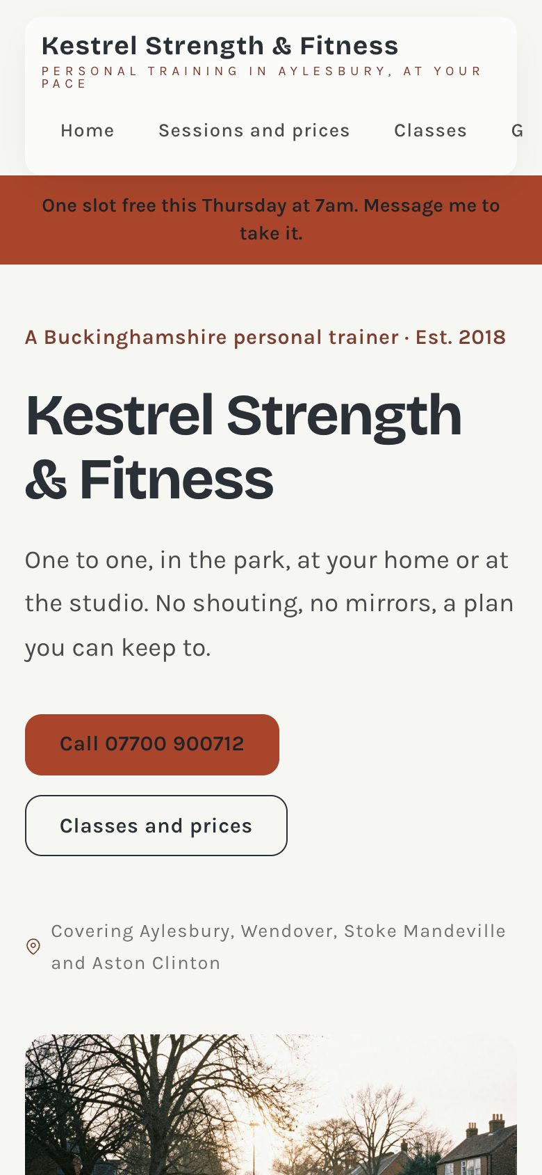 An example personal trainer website on a phone