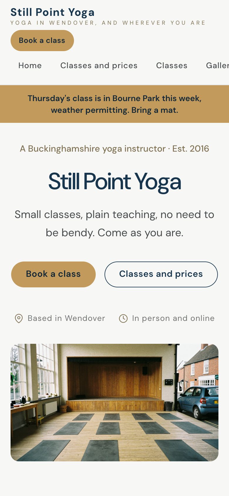 An example yoga teacher's website on a phone