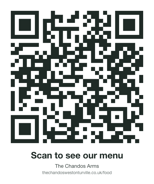 The printed QR sheet: a code with “Scan to see our menu” under it, the pub's name and its address